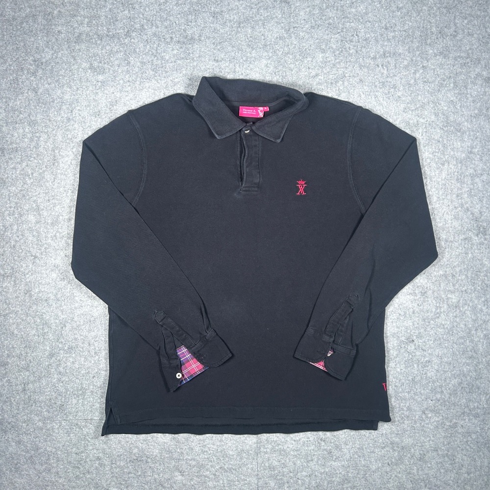 Vicomte A. Polo Shirt Mens XL Black Plaid Trim Long Sleeve Pique Cotton Casual